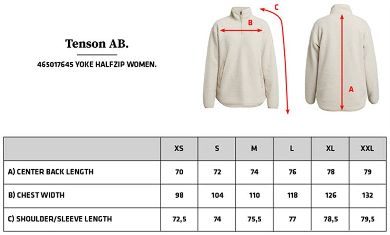 Tabela velikosti za Ženska jakna iz flisa Tenson Yoke Full Zip W