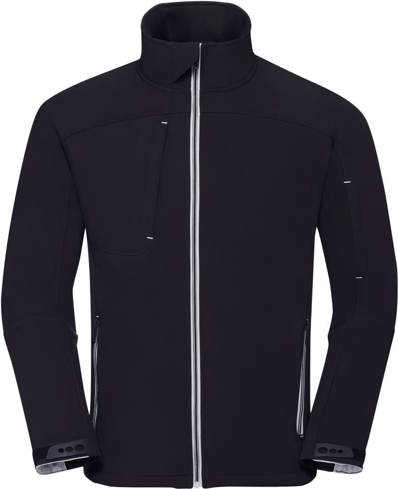 Moška softshell jakna Russell Athletic, trislojna, z zadrgo in kapuco, primerna za hladno vreme, v temno modri barvi.