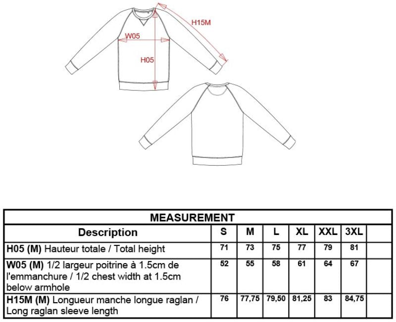 Moški ekološki raglan pulover Kariban K480, prikaz velikostne tabele na sliki.