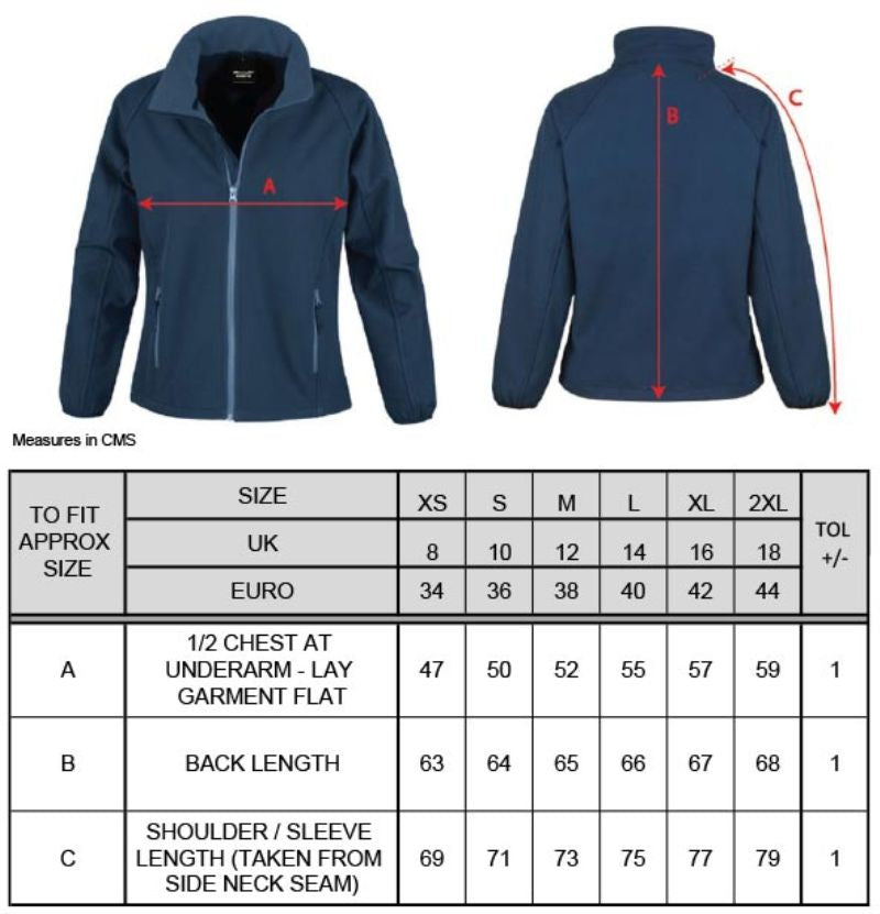 Tabela velikosti za Ženska softshell jakna Result R231F