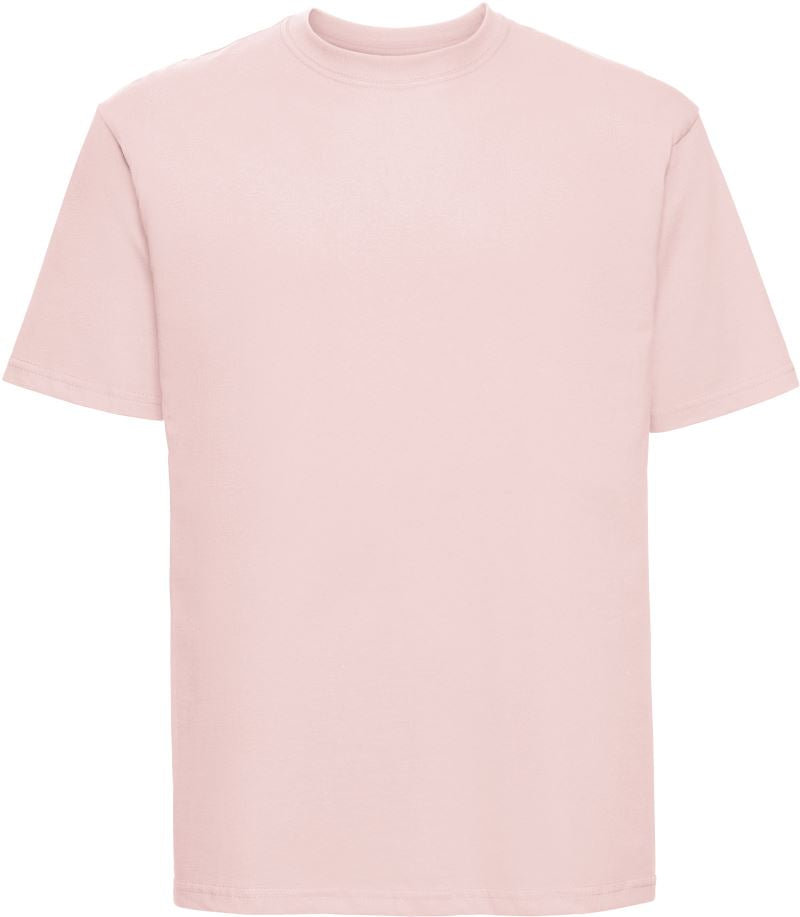 Russell men's short-sleeve shirt in black, casual fit, shown on a hanger with a simple background.