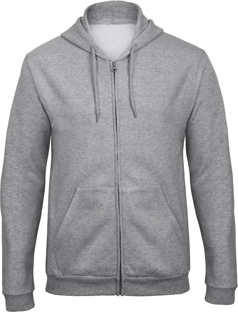 Male B&C hoodie pullover with front pocket and drawstring hood, made from 50/50 cotton and polyester blend.