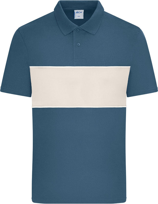 Uniseks kontrastna polo majica James & Nicholson JN8050, modro-bela, z kratkimi rokavi in ovratnikom, na beli podlagi.