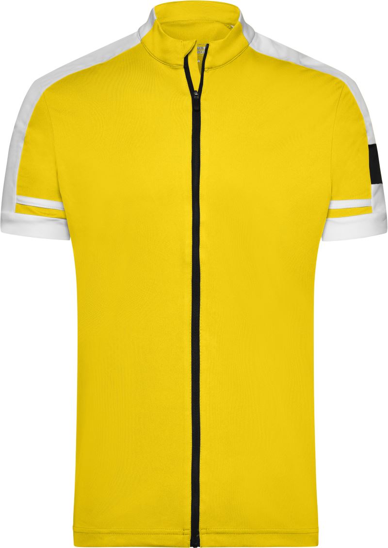 Men's cycling jersey with zipper by James & Nicholson, featuring breathable fabric and a fitted design for comfortable riding.