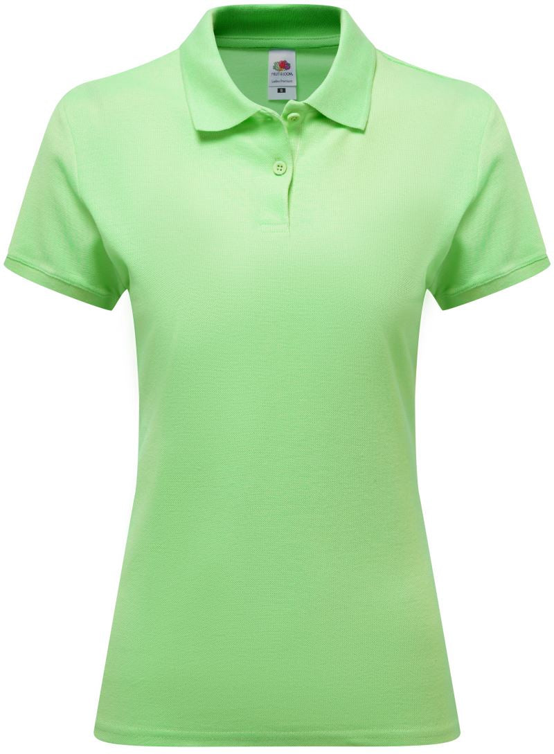 Ženska polo majica Fruit of the Loom Lady-Fit Premium z kratkimi rokavi, v svetli barvi, na ravni in prikazani na sliki.