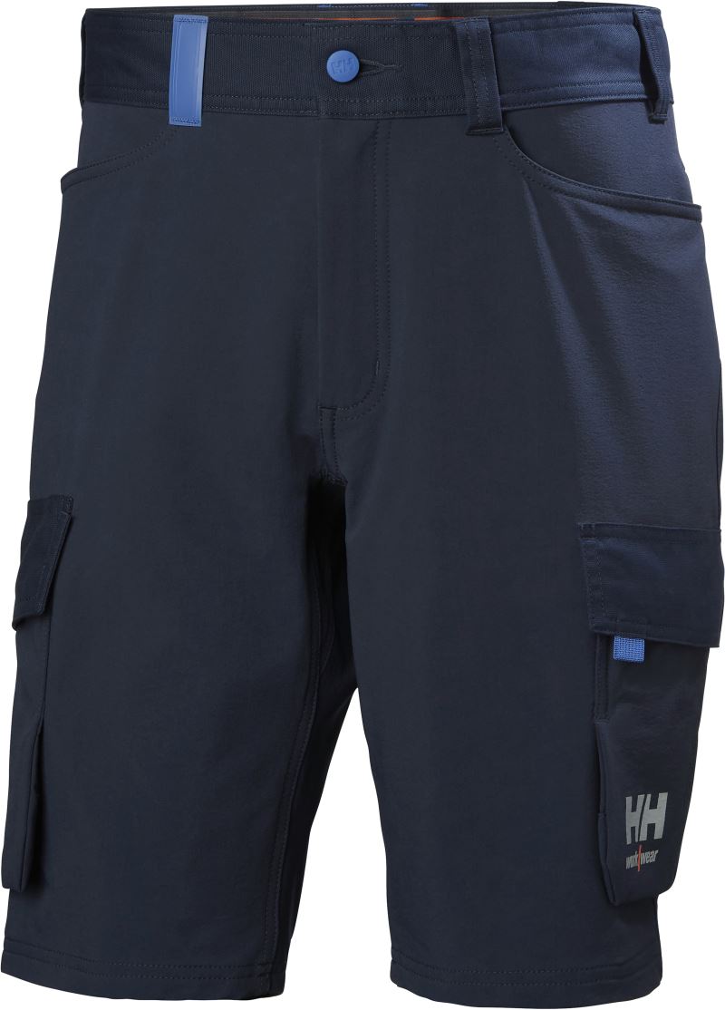 Delovne cargo kratke hlače Helly Hansen Oxford 77508 X, modre z več žepi, primerne za delo in prosti čas.