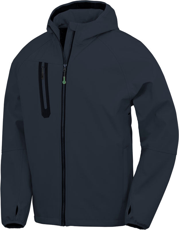 Moška softshell jakna Result Recycled, modra z zadrgo in kapuco, primerna za zimske in športne aktivnosti.