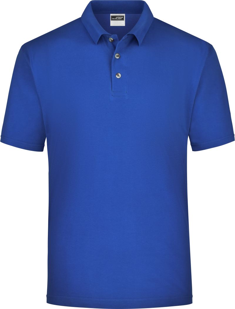 Moška polo majica James & Nicholson JN 20, kratki rokavi, modra barva, s ovratnikom in logotipom na prsih.
