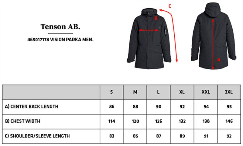 Tabela velikosti za Moška podložena parka Tenson Vision Parka Men