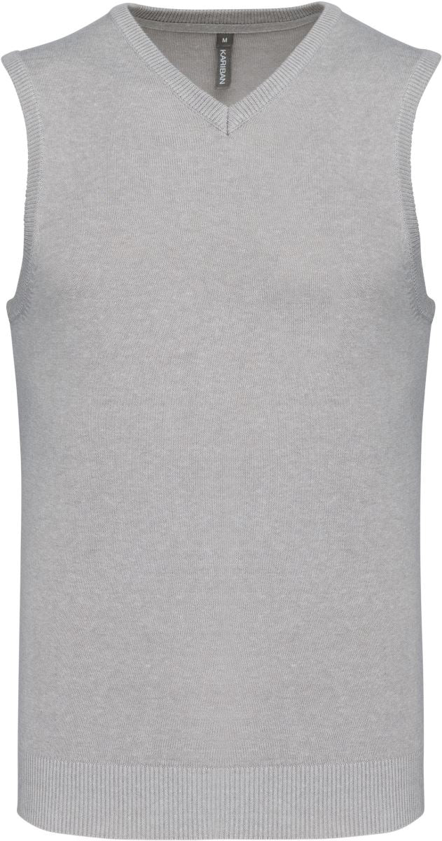 Kariban men's sleeveless pullover with blue V-neck, showcasing the front view of the lightweight knit vest.