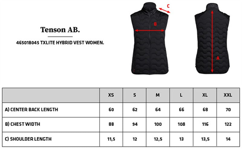 Tabela velikosti za Ženski hibridni brezrokavnik Tenson TXlite Hybrid Vest Women