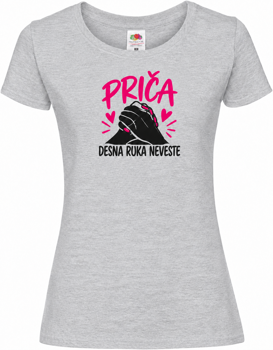 Ženska majica za dekliščino prica-desna-roka-neveste, melange siva premium Lady-Fit Iconic 195