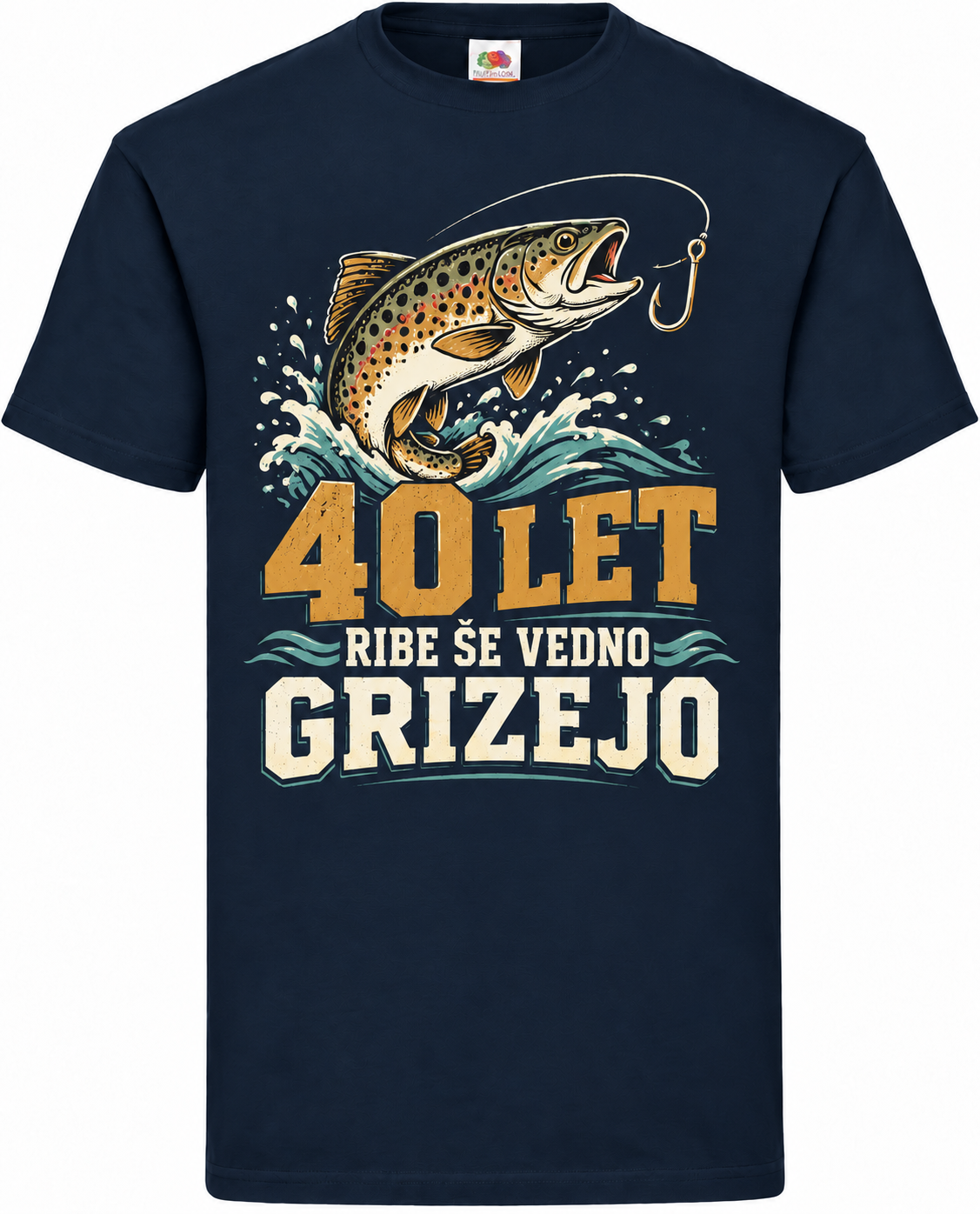 Moška majica za 40 let Ribe še vedno grizejo, Fruit of the Loom, mornarsko modra