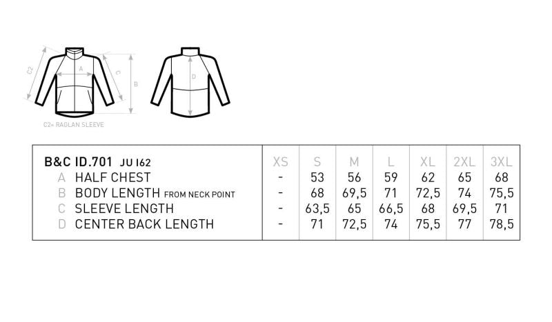 Tabela velikosti za Moška dvoslojna softshell jakna B&C ID.701