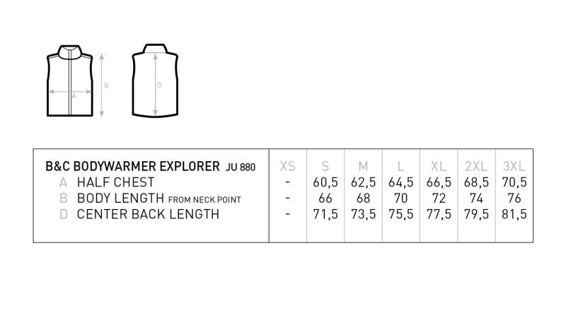 Moški delovni telovnik B&C Bodywarmer Explorer, podložen, v različnih velikostih, prikazan na tabeli velikosti.