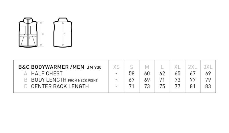 Tabela velikosti za Moški podložen telovnik B&C Bodywarmer
