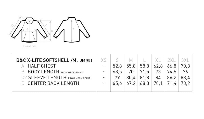Tabela velikosti za Moška softshell jakna B&C X-Lite