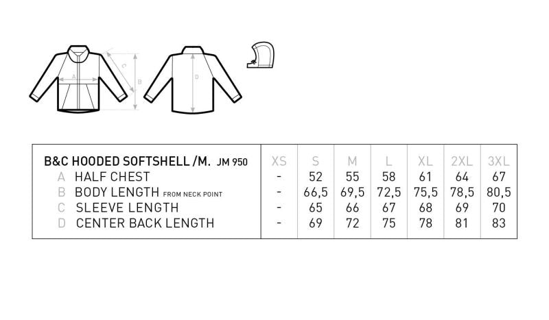 Tabela velikosti za Moška softshell jakna s kapuco B&C Hooded Softshell