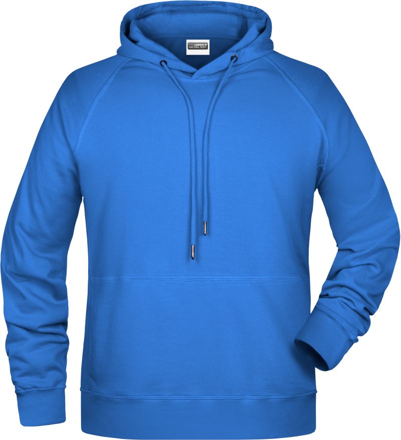 Moški raglan pulover s kapuco James & Nicholson, modre barve, s spuščenimi rokavi in kapuco, na modelu.