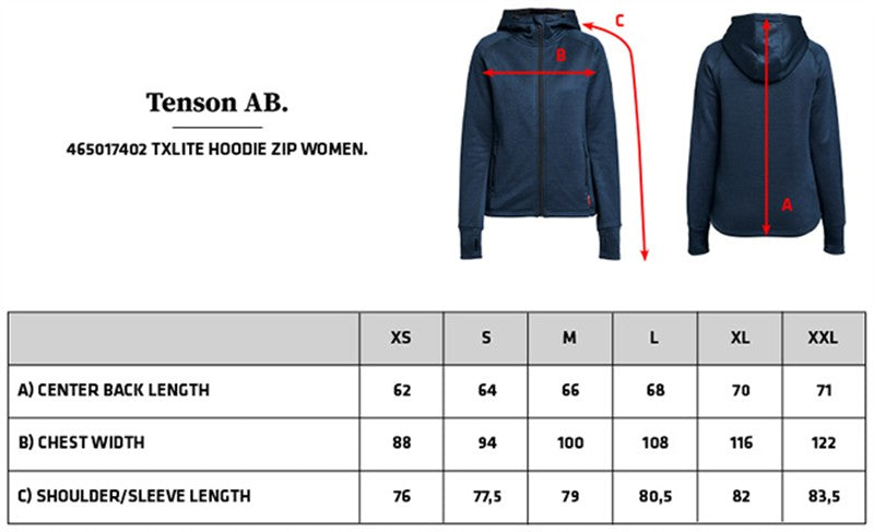 Tabela velikosti za Ženska jopica s kapuco Tenson TXlite Hoodie Zip Women