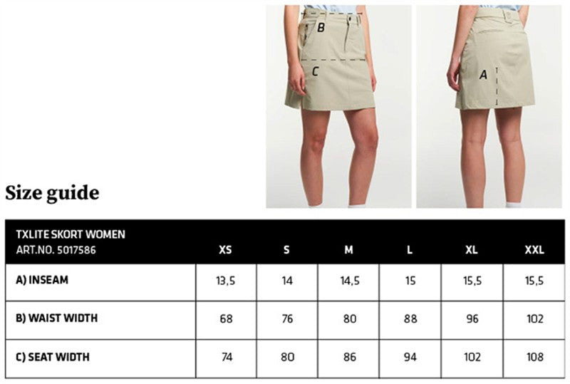 Tabela velikosti za Žensko športno krilo s kratkimi hlačami Tenson TXlite Skort Women