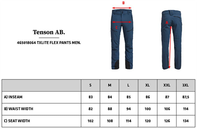Tabela velikosti za Moške raztegljive hlače Tenson TXlite Flex Pants Men