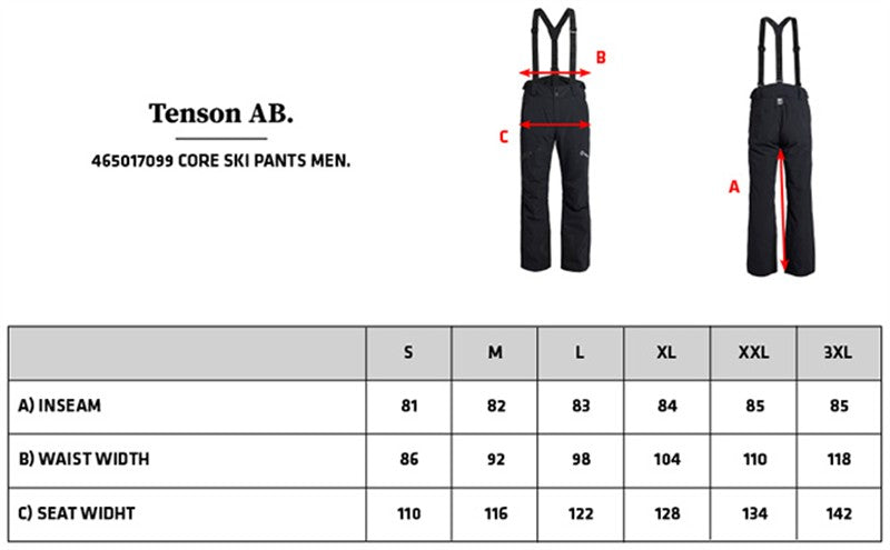 Tabela velikosti za Moške smučarske hlače Tenson Core Ski Pants M