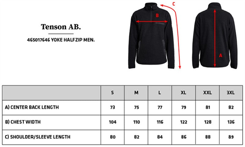Tabela velikosti za Moški pulover iz flisa s kratko zadrgo Tenson Yoke Half Zip M