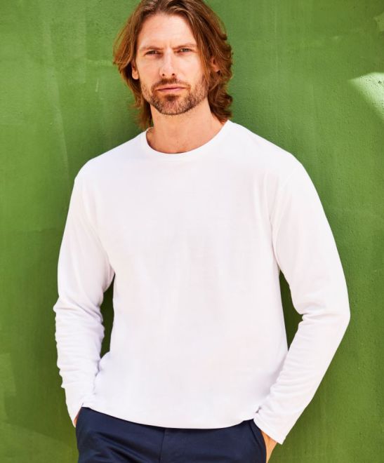 Moška majica z dolgimi rokavi Fruit of the Loom Original, bela, ohlapnega kroja, prikazana na sliki.