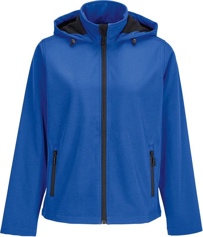 Ženska softshell jakna Sol's Race Hooded, modra, z zadrgo in kapuco, primerna za aktivne aktivnosti v naravi.