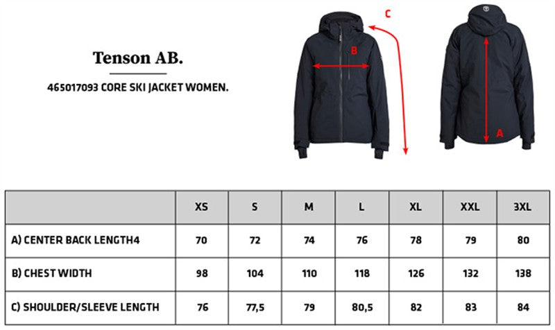 Tabela velikosti za Ženska smučarska jakna s kapuco Tenson Core Ski Jacket Women
