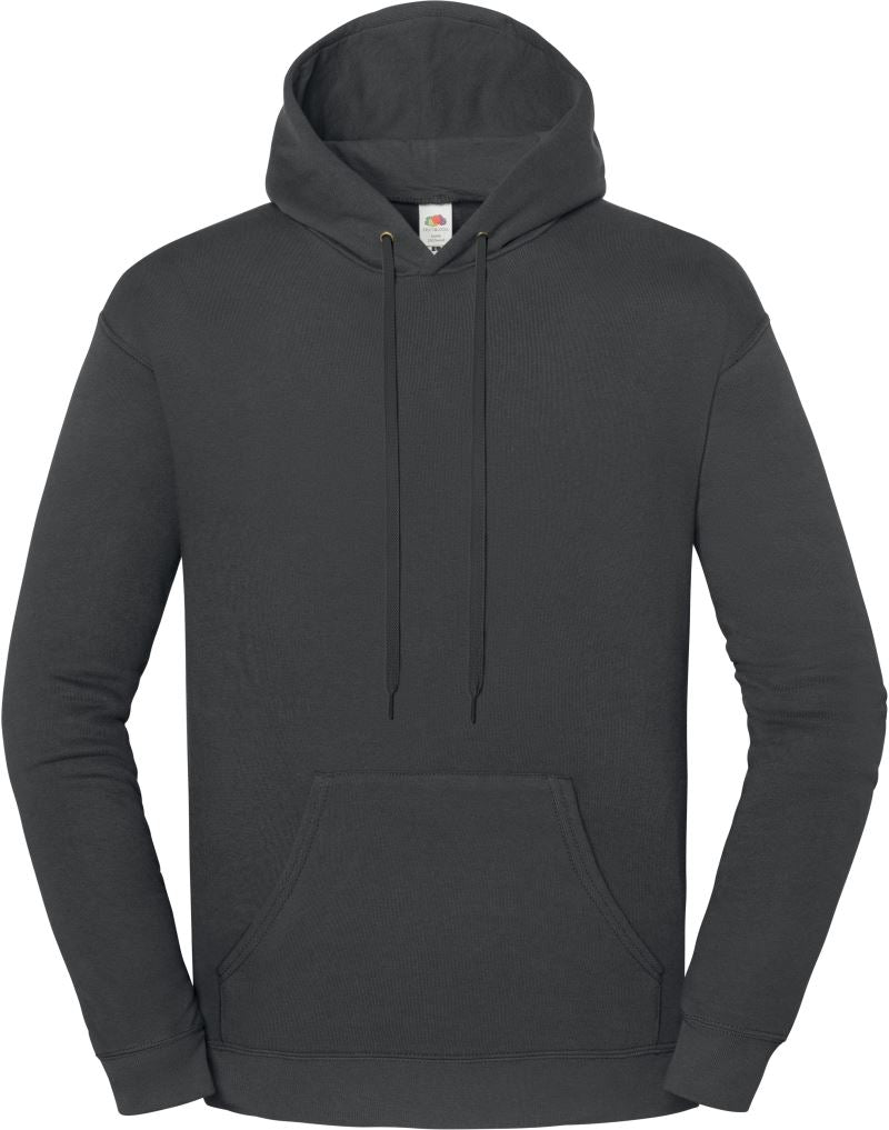 Unisex pulover s kapuco znamke Fruit of the Loom, udoben in primeren za vsakodnevno nošenje, siv barva, prikazan na sliki.