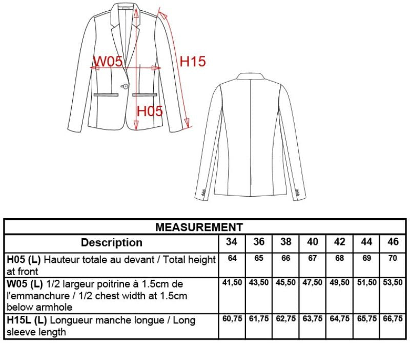 Ženski poslovni blazer Kariban K6133, modre barve, prikazan na tabeli velikosti za ženske blazere.
