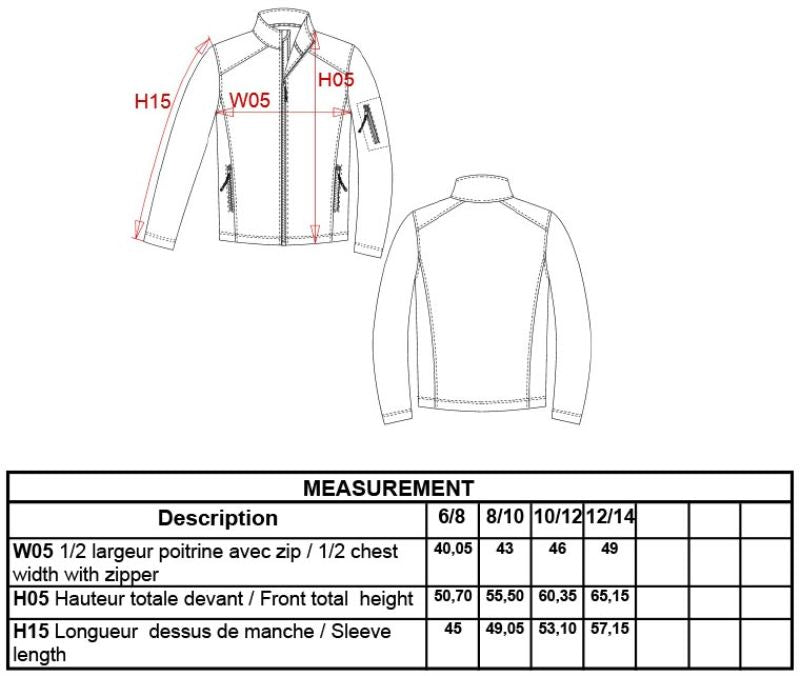 Otroška 3-slojna softshell jakna Kariban K402, prikazana na tabele velikosti in podrobnosti o materialu.