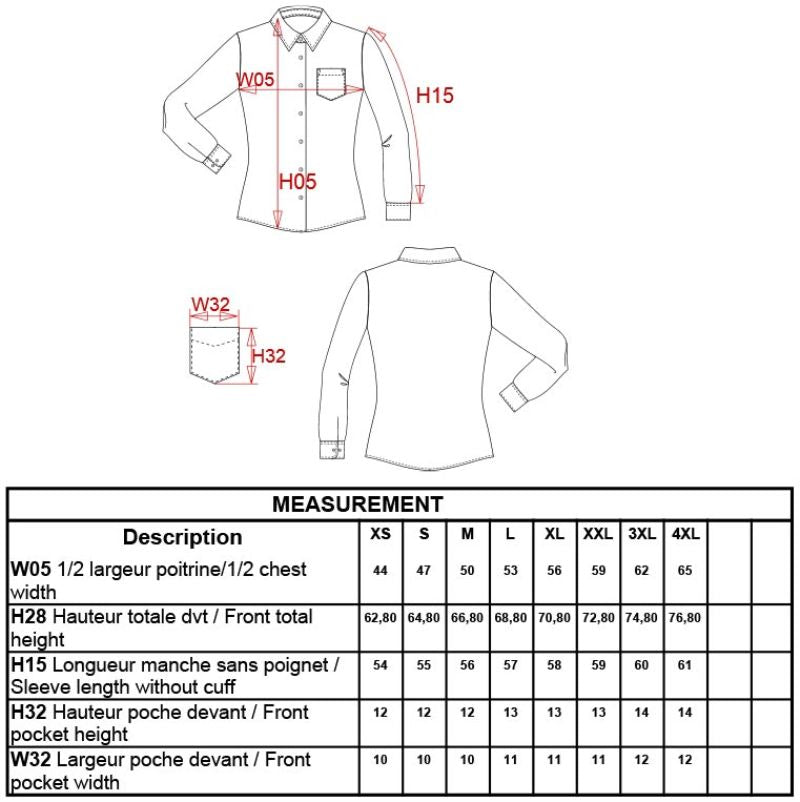 Ženska srajca z dolgimi rokavi Kariban K549, bela in elegantna, prikazana na diagramu z velikostmi.