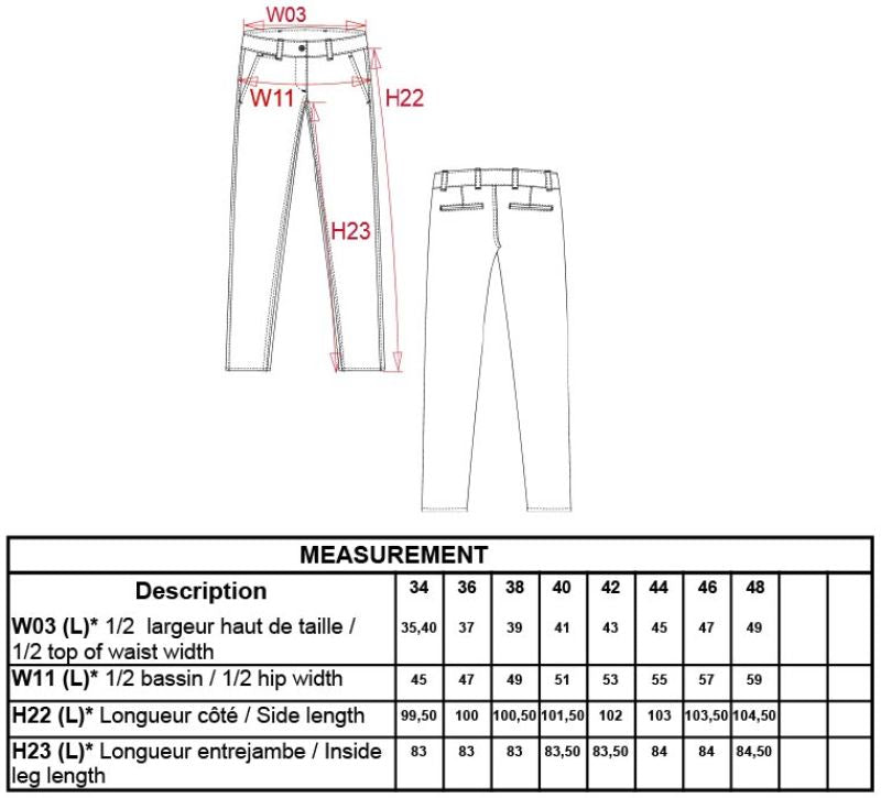 Ženske chino hlače Kariban K741, prikaz velikostne tabele s krojem in materiali na beli podlagi.