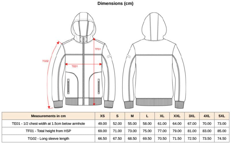 Kariban troslojna delovna softshell jakna WK450, prikaz velikosti in podrobnosti na tabeli