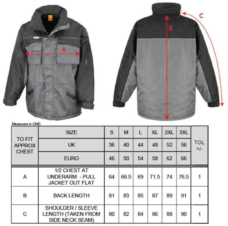 Moška delovna jakna Result Work-Guard R072X, odporna na obrabo, z dolgimi rokavi in praktičnimi žepi, prikazana na diagramu
