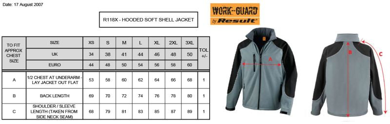 Tabela velikosti za Moška trpežna troslojna softshell jakna Result R118X