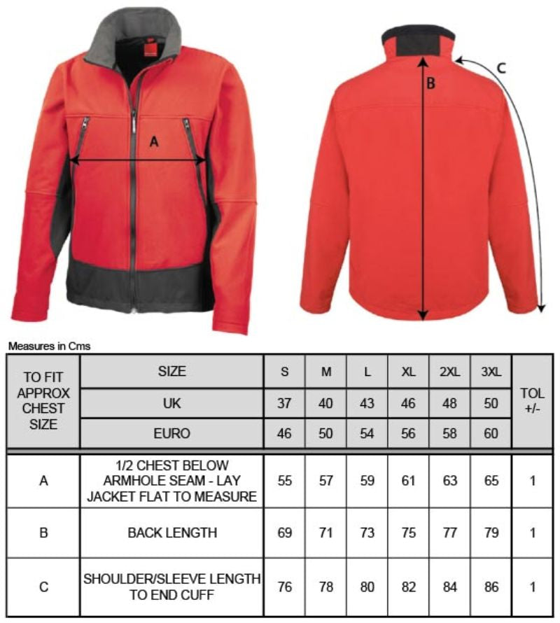 Tabela velikosti za Moška troslojna softshell jakna Result R120X
