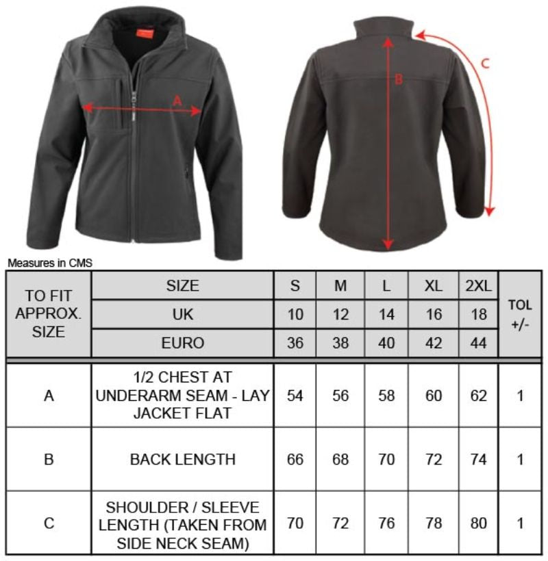 Ženska trojdelna softshell jakna Result R121F, prikazana na tabeli velikosti, v modri barvi z žepki in kapuco