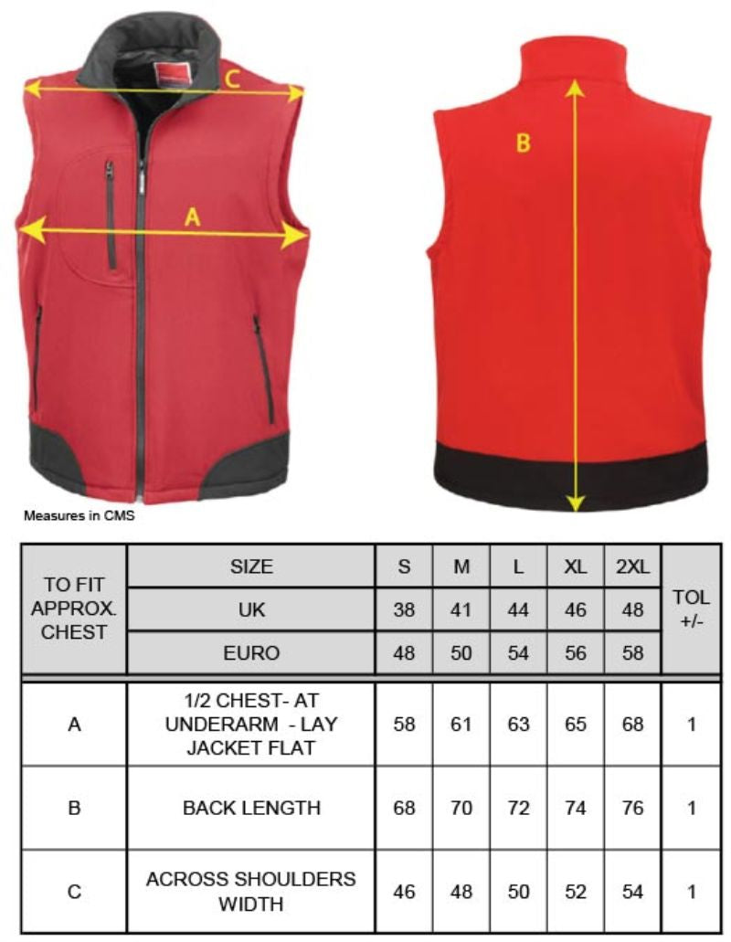 Tabela velikosti za Moški troslojni softshell telovnik Result R123X