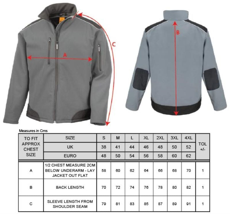 Tabela velikosti za Troslojna ripstop delovna softshell jakna Result Work-Guard R124X