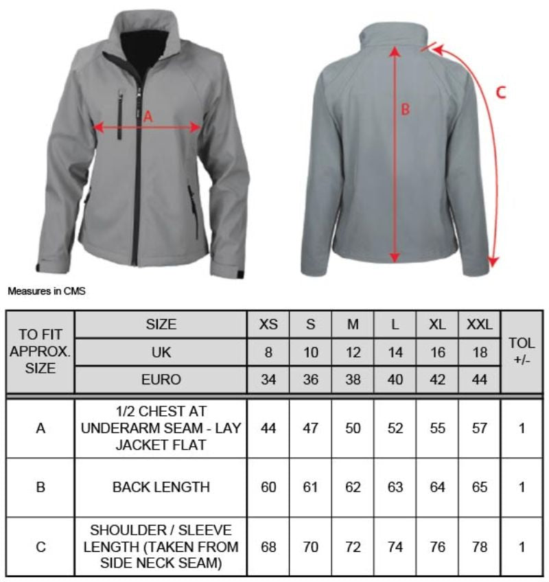 Tabela velikosti za Ženska dvoslojna softshell jakna Result R128F