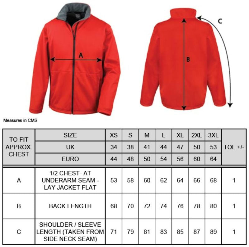 Moška softshell jakna Result Core R209M, troslojna in vodoodporná, prikazana na velikostni tabeli.