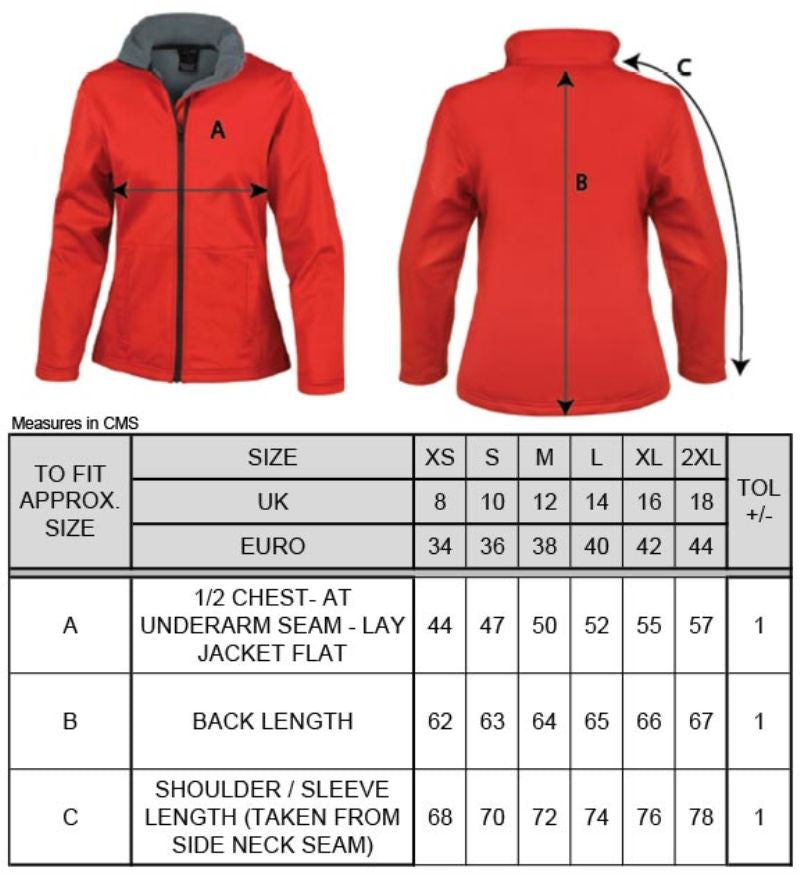 Tabela velikosti za Ženska troslojna softshell jakna Result Core R209F