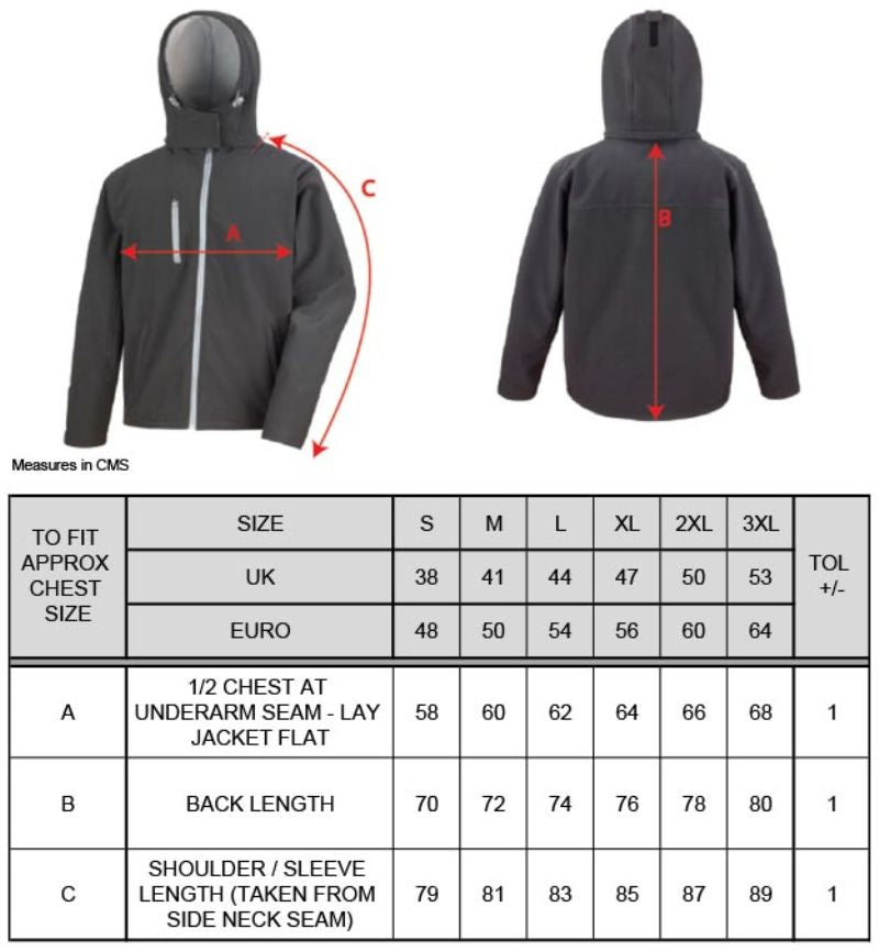 Tabela velikosti za Moška troslojna softshell jakna s kapuco Result Core R230M