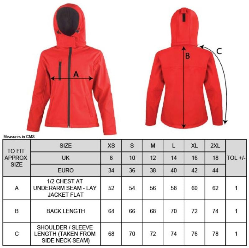 Ženska troslojna softshell jakna s kapuco Result Core R230F, prikazana na velikostni tabeli, v nežnih barvah in z nastavljivo kapuco.