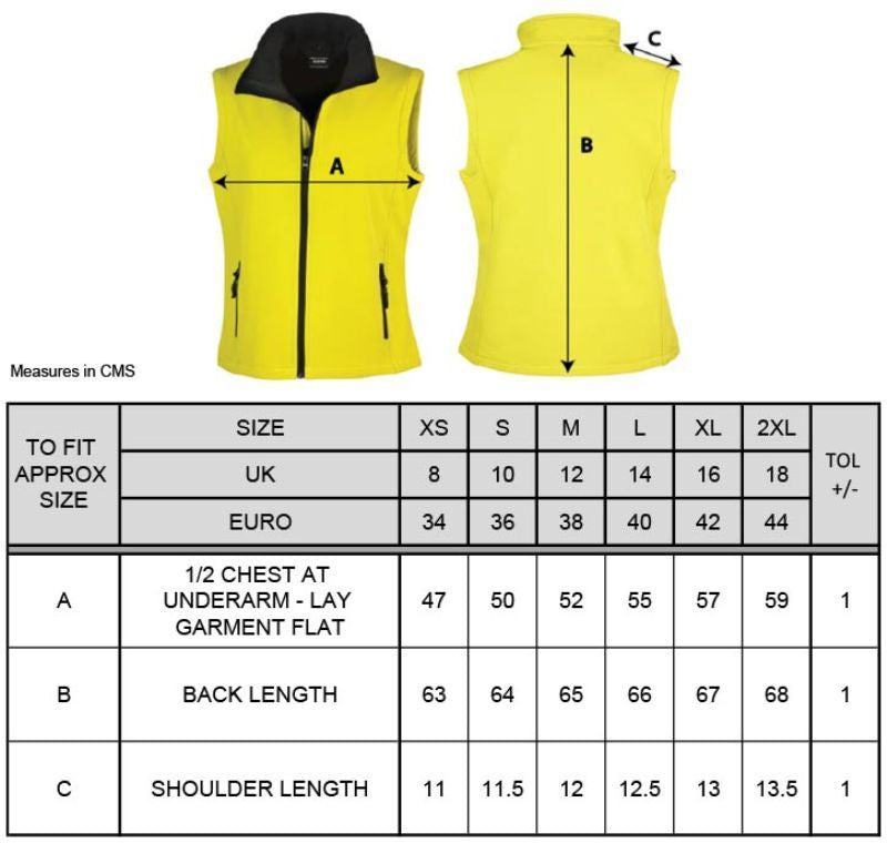 Tabela velikosti za Ženski softshell telovnik Result R232F