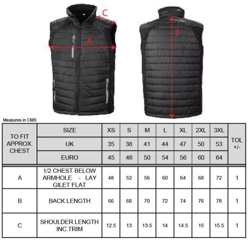 Tabela velikosti za Uniseks hibridni telovnik Result Recycled Compass R238X
